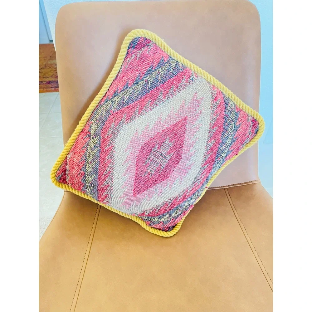 Raymond Waites Vtg Tapestry Pillow Kilim Southwestern Cushion Yellow Rope Trim